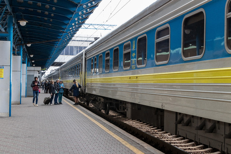 train station with passengers train departure Ukraine, Kiev 20.10.2018のeditorial素材