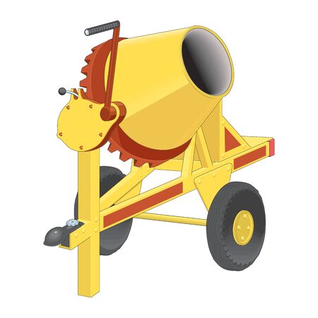 Yellow concrete mixer in cartoon style flat design on white background. Cement-mixer with tipping handle and black control box with red buttons. Vector realistic illustration of building equipmentのイラスト素材