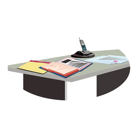 Workplace in office. Cabinet with workspace with table, phone, calculator and papers. Big boss office. Flat style vector illustration.のイラスト素材