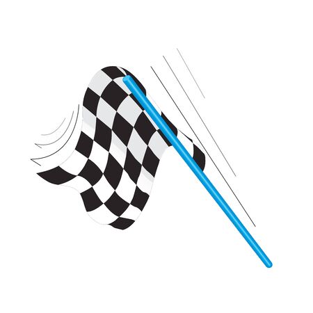 Vector single checkered flag. Waving flag below the pole. Black and white design (gradient free). Optional ground shadow.のイラスト素材