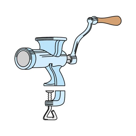 Classic manual meat grinder. Vector black vintage engraving illustration for menu, poster, label. Isolated on white backgroundのイラスト素材