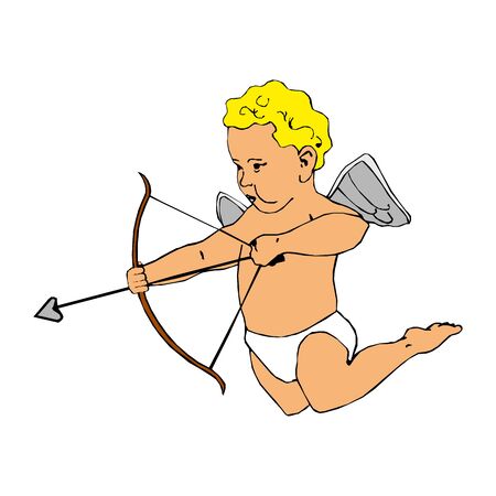 Funny little Cupid aiming at someone with an arrow of love. Cute little cupid shoots a bow. Illustration of a Valentine's Day.のイラスト素材