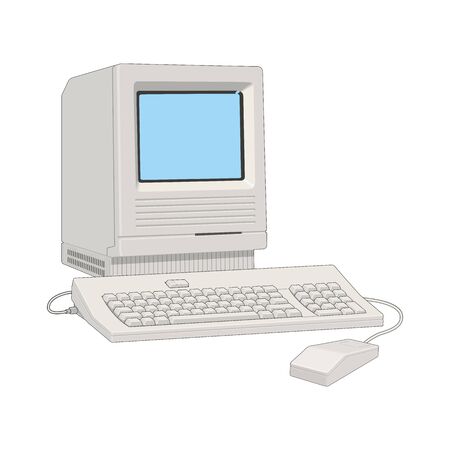 The retro desktop white computer with monitor, keyboard and mouse on the white backgroundのイラスト素材