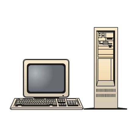 Vintage personal computer with keyboard and mouse isolated on white. Vector illustration.のイラスト素材