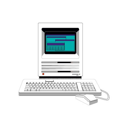 Vintage personal computer with keyboard and mouse isolated on white. Vector illustration.のイラスト素材