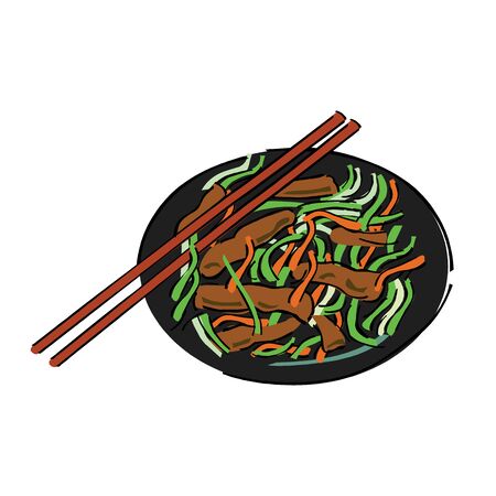 Fried meat with vegetables isolated on a whiteのイラスト素材