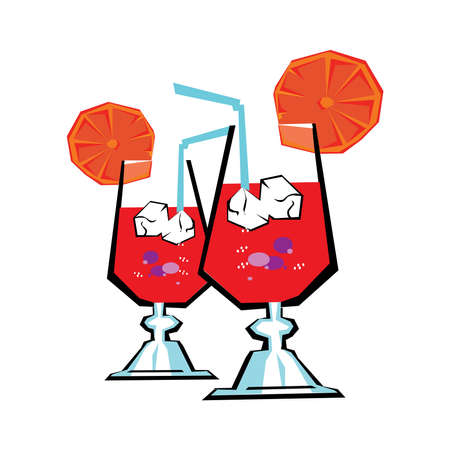 Vector Tequila Sunrise cocktail garnished with maraschino cherry, fresh orange, party umbrella and red, yellow straw tubesのイラスト素材