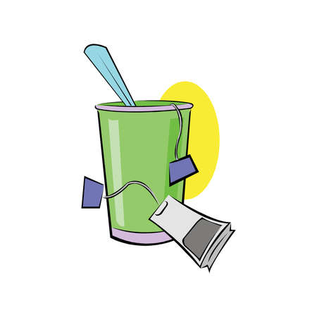 Realistic pyramid teabag dipped into hot water. Black tea swirls in fresh liquid. Sachet brewing in hot beverage flow. Antioxidant healhty drink package vector design.のイラスト素材