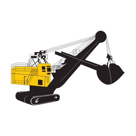 Vector illustration with cartoon flat industrial excavator. Vector construction equipment. Mining flat transportation. Heavy machinery object. Isolated excavator on white background. Children toyのイラスト素材