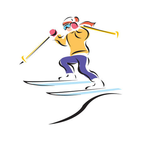 Young man riding on skis on snow, winter. Flat vector illustration in cartoon style.のイラスト素材