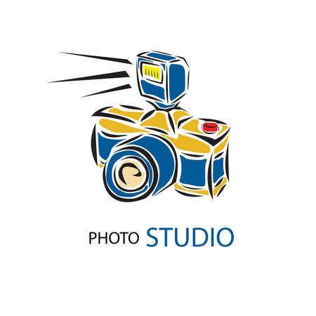 Camera vector and photo film vector icon of retro photograph camera with flash light, photo capture lens. Isolated emblem or sign for photography or photographer school and studioのイラスト素材