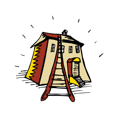 Old cozy rural house. Vector is isolated on a white background. Village, suburb. Fairytale cute cartoon home. Flat detailed style. Beautiful building.のイラスト素材