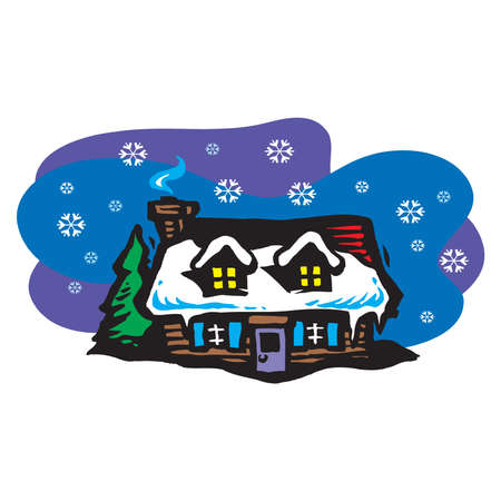 Residential houses with christmas decoration at night. Vector cartoon winter landscape with street in suburb district, cottages with snow on roofsのイラスト素材