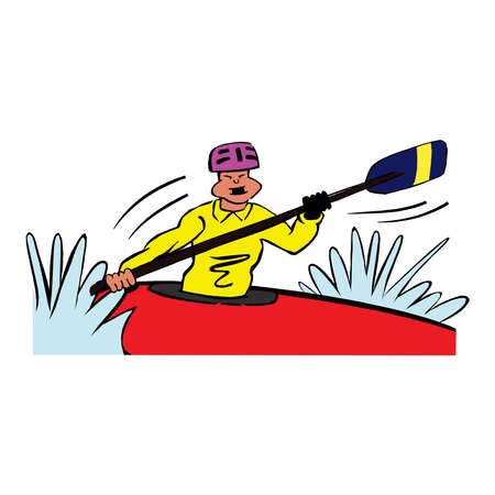 Tourist paddle in kayak. Active recreation and sports rivers and lakes. Man life jacket paddles one seater canoe through water. Extreme rafting along mountain river flow. Vector flat concept isolatedのイラスト素材