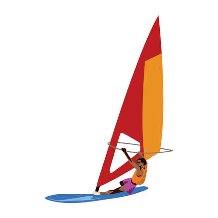 Windsurfing woman hand drawn outline doodle icon.Windsurfer and sea, extreme sport, surfing and sail concept. Vector sketch illustration for print, web, mobile and infographics on white background.のイラスト素材