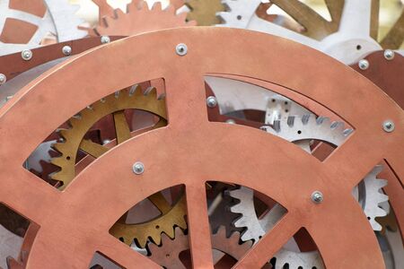 Group of wooden gear and cogs, concept of working gear mechanism, close-up view