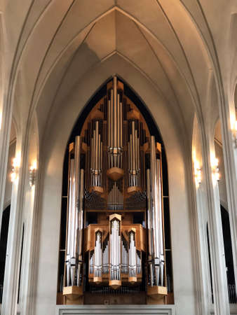 REYKJAVIK, ICELAND - July 2, 2018: Pipes of the organ in Hallgrimskirkja Churchのeditorial素材
