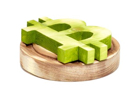 Bitcoin wooden sign, virtual cryptocurrency, isolated on whiteの写真素材