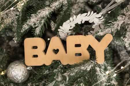 The word baby carved out of wood on the background of the branches of the winter treeの写真素材