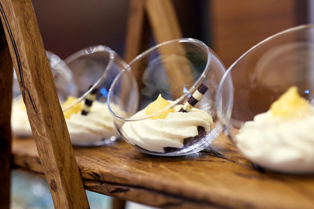 Great close-up photo of brownie in glass on the shelfの写真素材