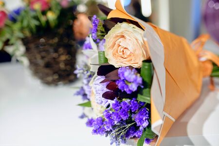 Amazing photo of mixed flowers bouquet in decorative paperの写真素材