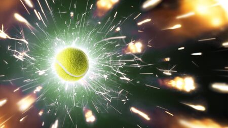 Tennis. Tennis ball. Tennis background with fiery sparks in actionの写真素材