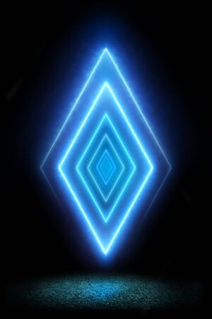 Blue neon rhombus on black background.Ultraviolet spectrum, laser show on the grassの写真素材