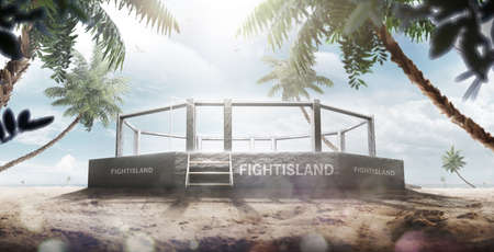 MMA arena on the fight island. Octagon on the sand. Palm trees, sun, sand. New MMA location.の写真素材