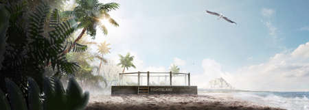 MMA octagon. Fight island. Fighting Championship. Location of the MMA tournament on the fight island. Octagon on the sand. Panoramaの写真素材