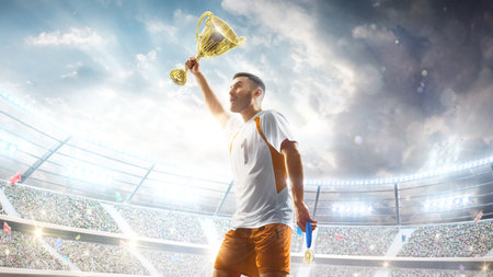 Soccer winner. Professional soccer player celebrates winning the open stadium. The winner of the soccer cup. Soccer player holds a cup in his hands. Sport. Stadium. 3dの写真素材
