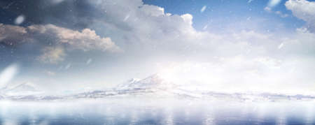 Winter Mountains landscape with ice and hills. snowfall. panorama. beautiful ice background. Realistic ice and snow on mountain. Rink. Coldの写真素材