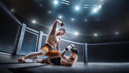 MMA box. Two fighters are fighting. punches. Sport action concept. Emotions of winner. Octagon cageの写真素材