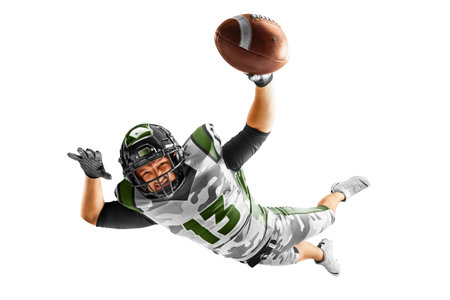 American football player in a jump, in flight. Professional athlete during the game, playing in action and movement. Concept of sport, movement. Sportの写真素材