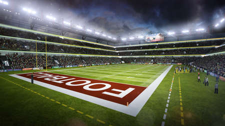 american football stadium at night. Stadium full of fans with flags. The stadium is illuminated by spotlights and advertising boards. 3dの写真素材
