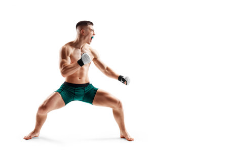 Fighter stance. MMA fighter isolated on white background. Athletic. side view. sport. Menの写真素材
