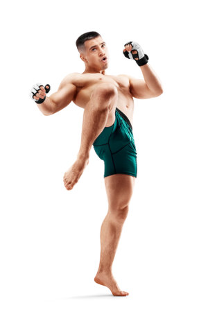 MMA. Knee kick. Male fighter with a knee kick. sport. isolated in white background. Menの写真素材