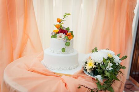 Beautiful delicious white wedding cakeの写真素材