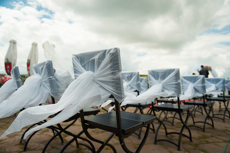 chair set for wedding or another catered event or visiting ceremonyの写真素材