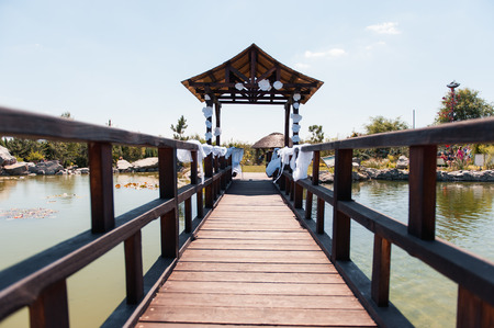 wedding ceremony in the park with river on sunny dayの写真素材