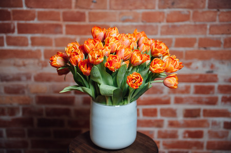bouquet of orange tulips on the brick wall backgroundの写真素材