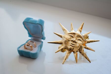 close up by bridal wedding accessories on dressing table.の写真素材