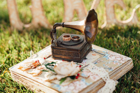 beautiful rings on small gramophone on the green grassの写真素材