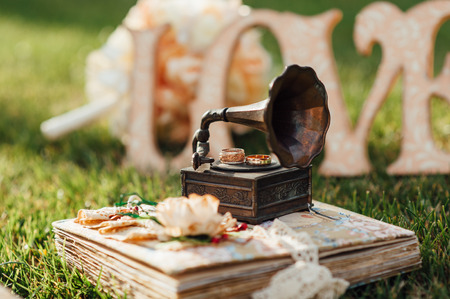 beautiful rings on small gramophone on the green grassの写真素材