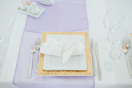 table set for wedding or another catered event dinner ceremony. for newlywedsの写真素材