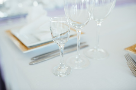 table set for wedding or another catered event dinner ceremony. for newlywedsの写真素材