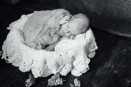 beautiful newborn sleeping baby boy with knitted plaid on a wooden background. black and white photoの写真素材