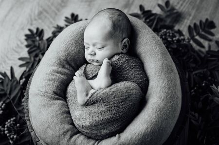 beautiful newborn sleeping baby boy with knitted hat on a wooden background. Black and white photo