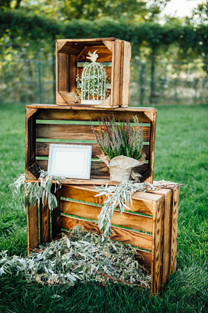 Hand made wedding decorations with wooden boxes,の写真素材