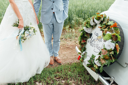 Beautiful wedding car with plate JUST MARRIEDの写真素材