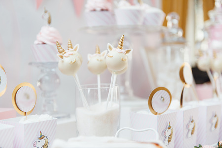 Kids birthday party decoration and cake.の写真素材